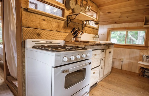 South Londonderry Kabine | Treehouse lifted up over a stocked trout pond up in the beautiful birch trees!