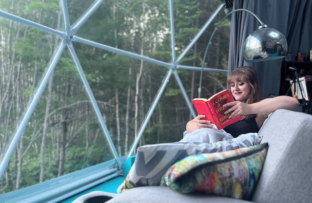 26ft Geodesic Dome nestled in the trees with hot tub and Grand Lake steps away.