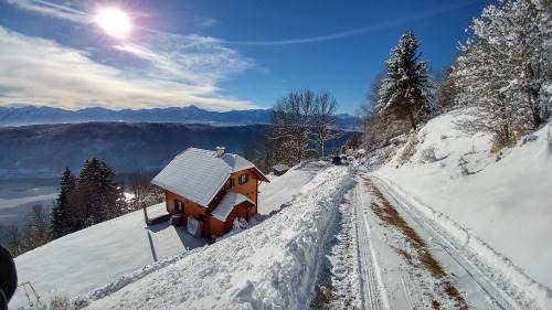Ferienhaus in luftiger Höhenlage mit tollem Ausblick von der Terrasse auf den See im Tal