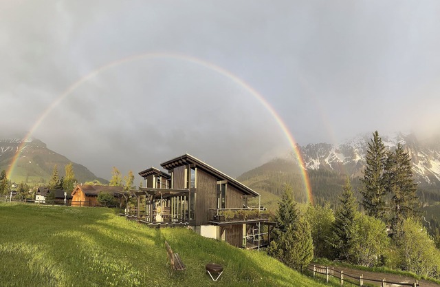 Architektenhaus Karersee, Blick auf Rosengarten, Latemar und Westalpen