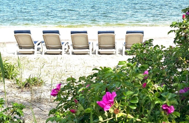 Beach cottage, private road, private beach, private mooring, private parking.