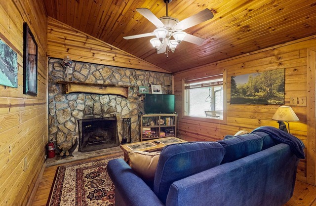 Beautiful dog-friendly river view cabin with mountain views and private fire-pit
