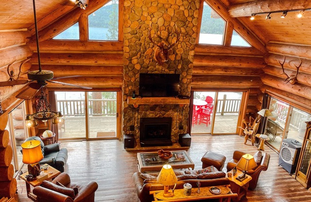 Beautiful Log Cabin w/ Beachfront & Stunning Lake Views in Coeur d'Alene Idaho.