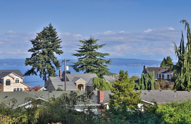 Blick auf das Meer, die Berge und Inseln in der Nähe von Mukilteo Lighthouse, Boeing & Trai