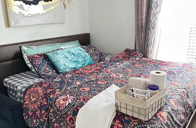 Comfortable and serene king bedroom.