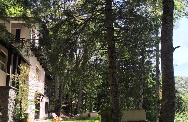 Nebengebäude der historischen Villa in einem jahrhundertealten Buchenpark
