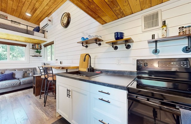Dog-friendly tiny home with a patio, full kitchen, & TV