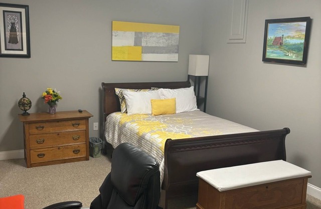 Full bed, closet, mounted tv. Entire apartment included at this fabulous rate.