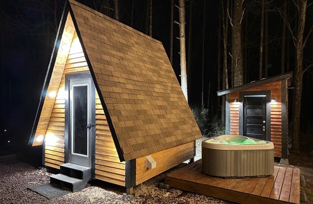 Glamp in this Cozy Tiny A-Frame Cabin: Electricity, Heating, AC, Wi-Fi & Hot Tub