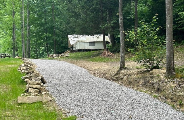 Glamping safari tent overlooking pond with woodstove. Kid and pet friendly.