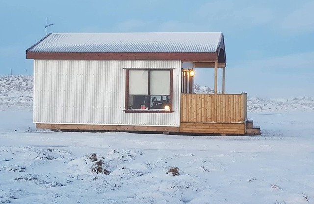 Blick auf den Vulkan Hekla Cabin 2 und den Gletscher