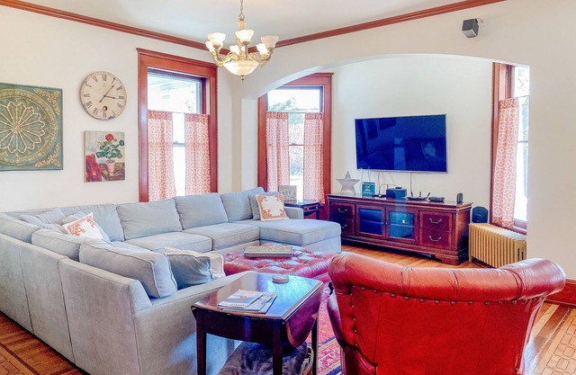 Historical dog-friendly home with fenced yard, grill, Ping-Pong, fireplace, & AC