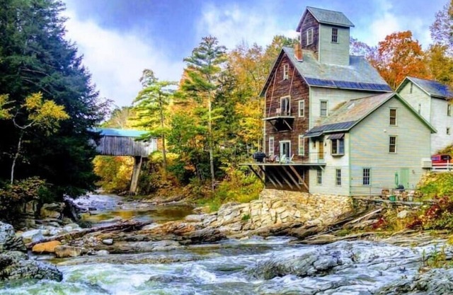 Kingsley Grist Mill, Covered Bridge and Waterfall.