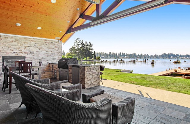 Lakefront house with built-in bar & grill, fireplace, beach, & dock