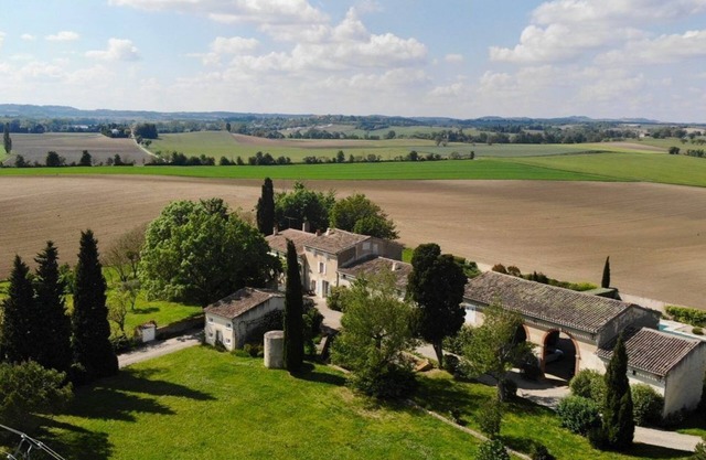 Lauragais farmhouse in the countryside, view of the Pyrenees