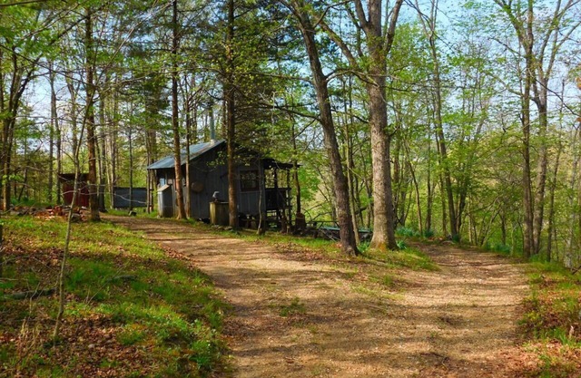 Line Camp Cabin ist abgelegen in den Wäldern in der Nähe des Flusses.