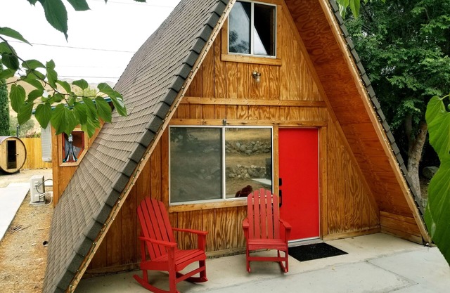 ▲ Lunar Landing ▲ Pet friendly, colorful A-Frame cabin with barrel sauna