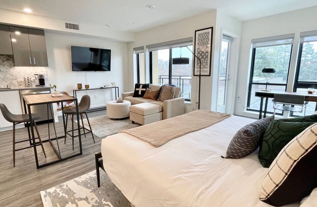 LUXE DOWNTOWN w/ VIEW in-unit W/D Work from Home King Bed Gigabit WiFi