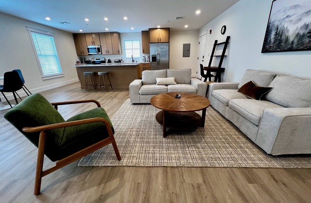 Luxury New 1BR 950 sq ft apartment. Sleeps 4. Stocked Kitchen, 2 Tvs, Parking.