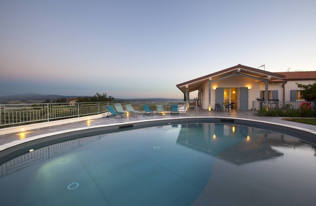 Luxury villa, swimming pool, shaded terraces, panoramic view, sauna fitness room