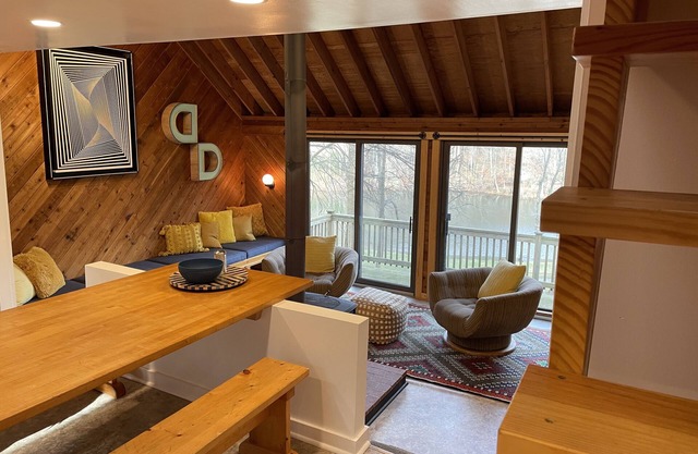Mid-century A-frame style cabin with lake views near the heart of Amish Country
