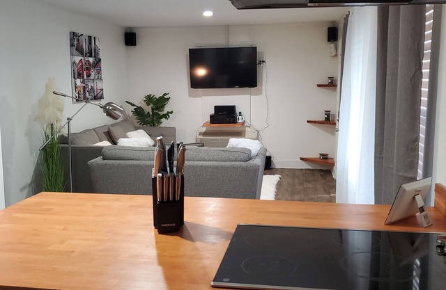 Modern 2 bedroom 1 bath home with barbeque grill and sauna pool.