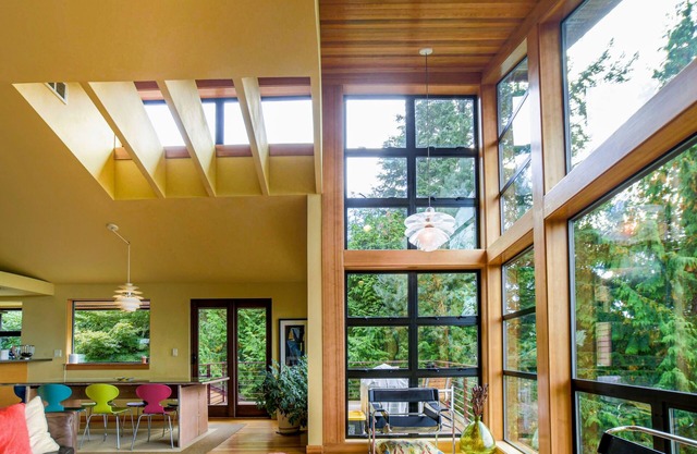 Modern home in wooded area with views of Lake Washington