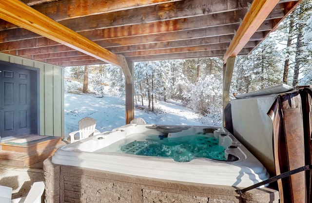 Mountain-view cabin with private hot tub, furnished deck, 2 kitchens, & 2 W/Ds
