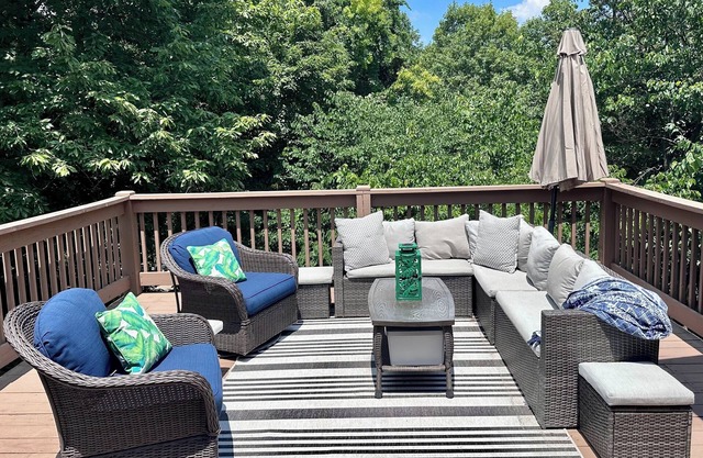 Nestled by the 7th green, large deck areas. Movie theatre for inside or out.