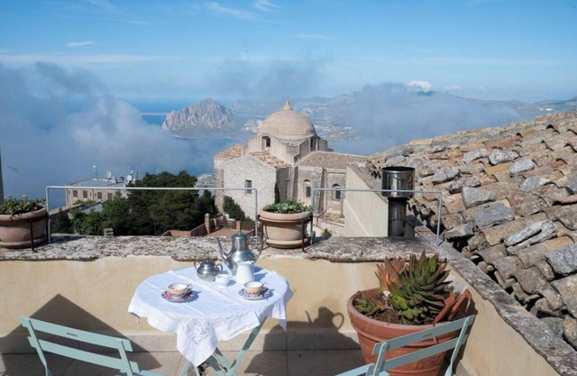 Noble palace sky view in the mountains, near the historic center of Erice