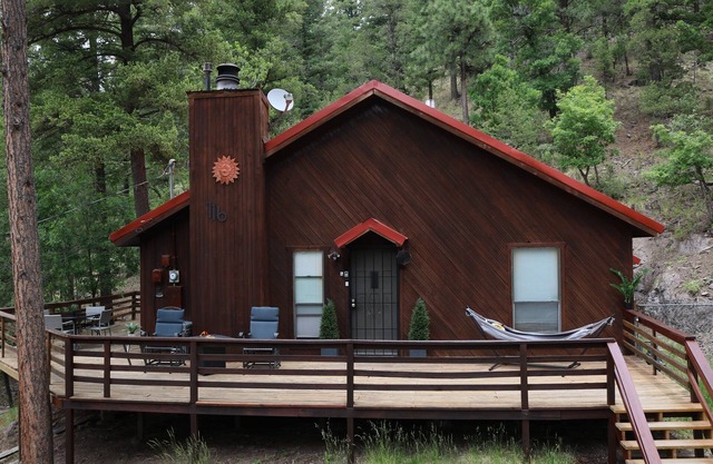 Perched in the pines -wrap around porch w/outdoor dining, fire pit, & wildlife