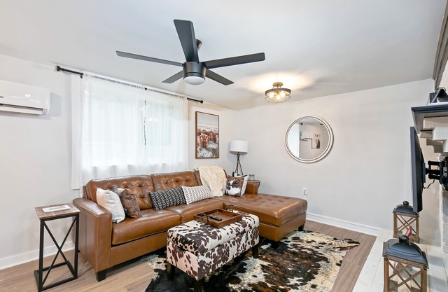Renovated home with huge lawn w/ games, patio, firepit, grill, AC, & W/D