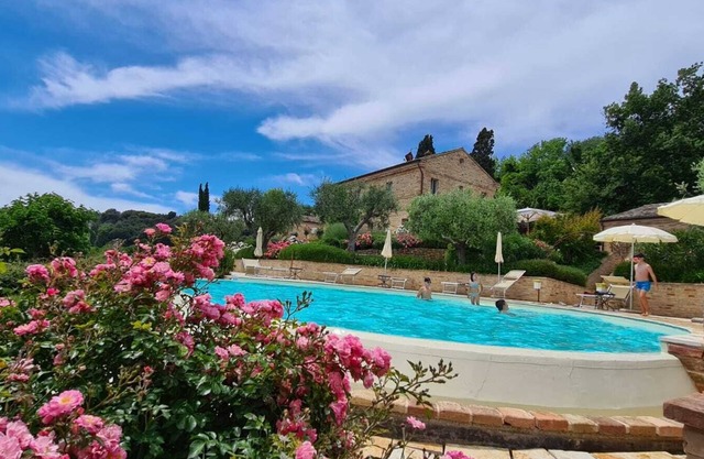 Resort surrounded by greenery arranged for families or groups with an infinity pool.