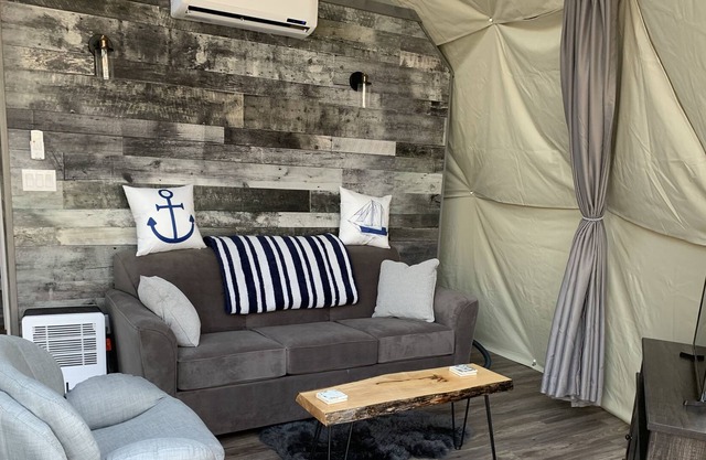 River view geodesic dome with private hot tub and beach access