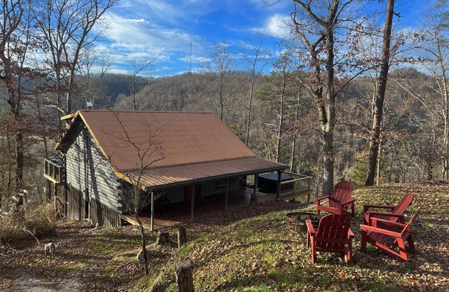 Secluded cabin sitting high above the bustling world below......
