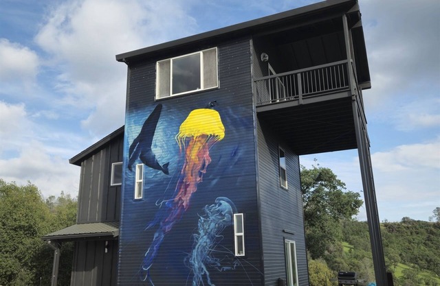 Secluded Hilltop Tower with Private Pond Fishing, EV Charger, Firepit, Mural