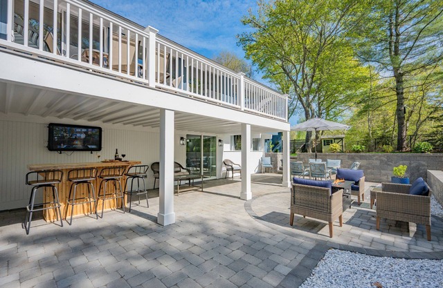 Spacious dog-friendly property featuring a stunning backyard oasis with fire pits and outdoor bar