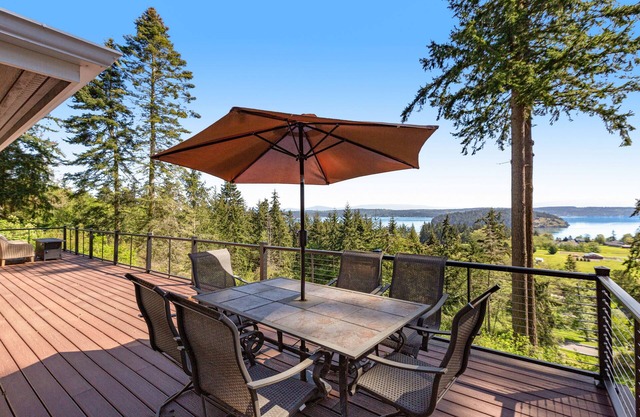 Stunningly situated home with expansive deck & mountain/water views