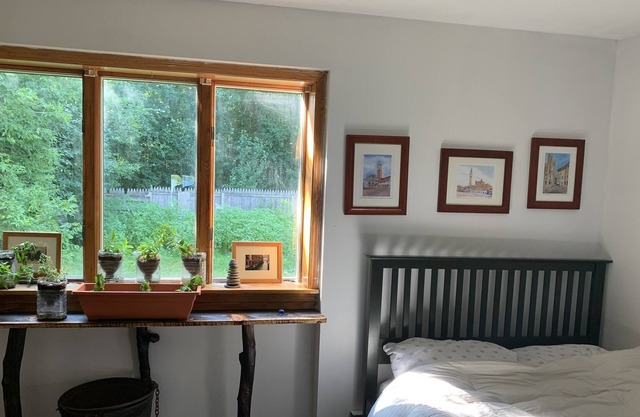 Sunny bedroom with full bed and private bathroom.