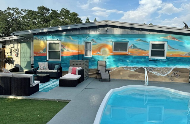 Sweet retreat, with private pool, patio, bbq, corn hole boards and fire pit.