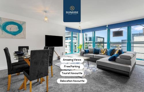 THE PENTHOUSE, Spacious, Stunning Views, Foosball Table, 3 Large Rooms, Central Location, River Front, 1 Min From Tay Bridge, V&A, Train Station, City Centre, Lift Access, Free Parking & WiFi, INVOICE and REDUCED PRICE only via SUNRISE SHORT LETS Dundee