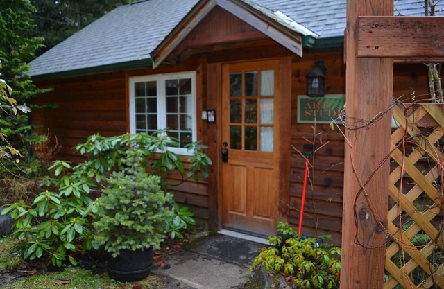 This romantic cabin at Mt. Rainier is a one room cabin with private hot tub right on Copper Creek. It has a queen bed and a queen Murphy bed. Walk to Copper Creek Restaurant. Beautiful woodland setting.