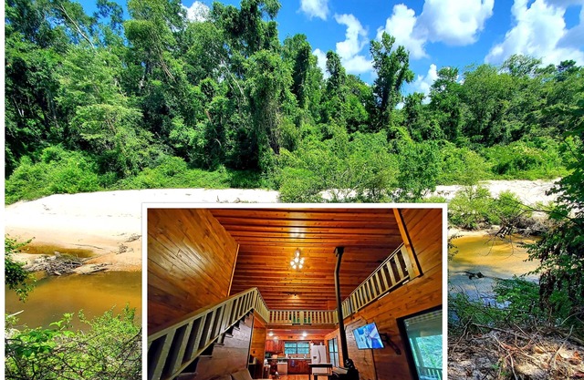 Waterfront cabin with private beach, decks with water views, secluded in trees