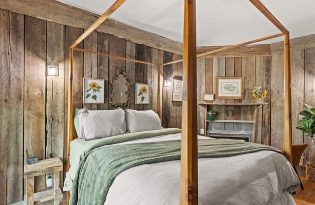 Wood-Paneled Room | 4-Poster Bed | Smoky Mountain Stay