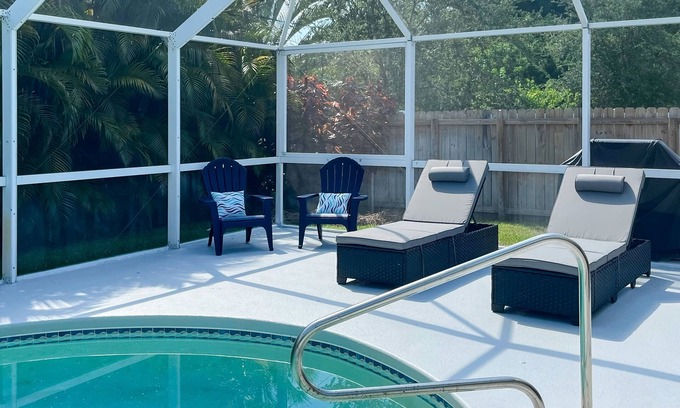 Sebastian Highlands Haus | Inviting home with yard, private pool, full kitchen, central AC, & W/D