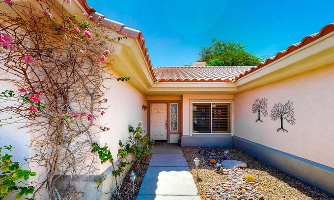 Desert Palms Haus | Resort home for adults with shared tennis, gyms, pool & 36 holes of golf