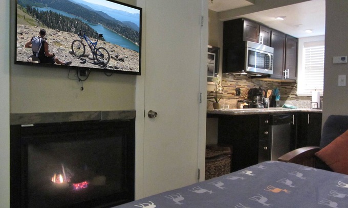 Lakeside Park Kabine | Studio with larger kitchenette, fireplace, and nearby attractions