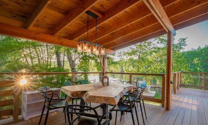 Barnstead Haus | Stylish lake home with private beach, dock and firepit for swimming, kayaking, hiking