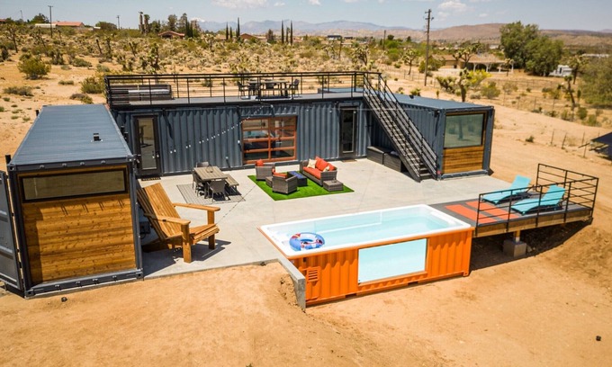 Joshua Tree Villa | Unique one of a kind container home, Heated Pool, Mtn Views, Huge Outdoor Deck