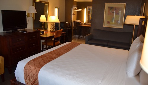 Deluxe-Zimmer, 1 King-Bett und Schlafsofa, Kühlschrank und Mikrowelle, zum Garten hin